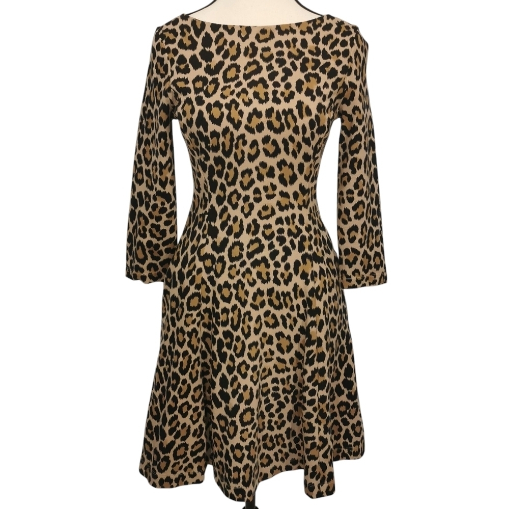 Kate Spade Leopard Print Fit & Flare 3/4 Sleeve Ponte Mini Dress - Sz 2 - Picture 2 of 8